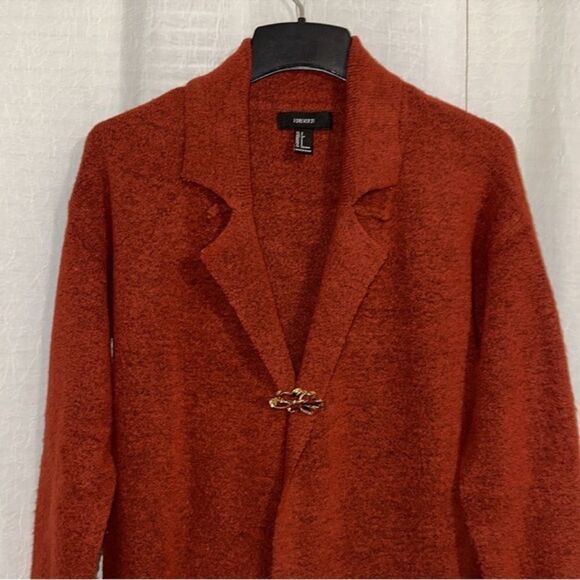 F21 S Oversized Rust Tomato Red Open Front Collared Knit Long Cardigan Duster - Picture 3 of 11